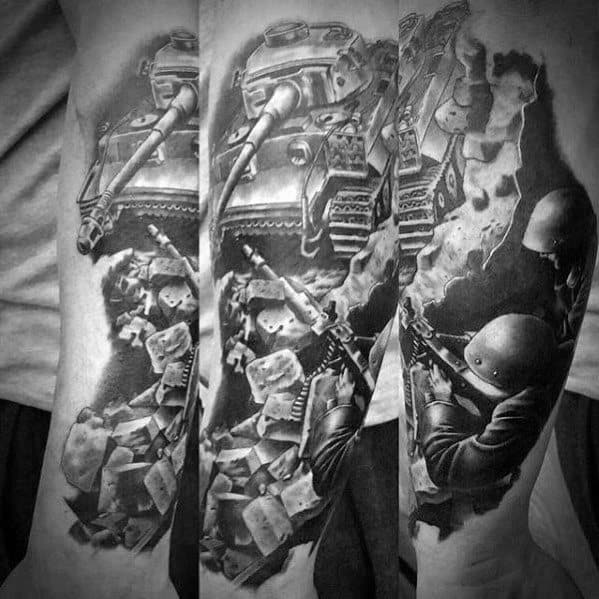 Epic black and grey war sleeve tattoo featuring a detailed tank, crumbling wall, and soldier in combat stance for a dynamic battlefield scene.