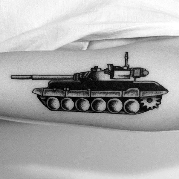 Blackwork tank tattoo with clean lines and dotwork shading, featuring a side profile of a modern battle tank in a bold, minimal style.