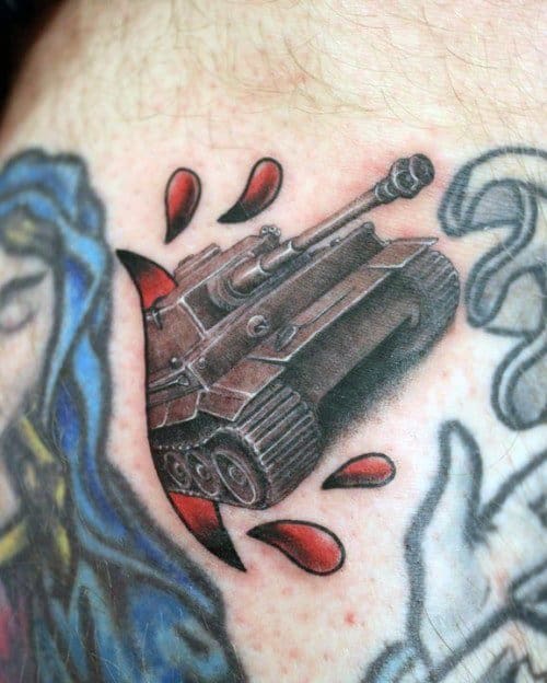 Small realistic tank tattoo with a 3D effect, surrounded by red teardrop shapes and shadowed elements for a bold and striking look.