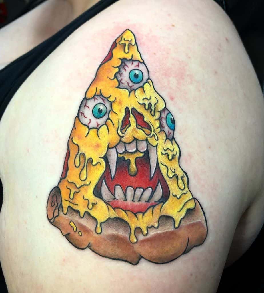 A colorful tattoo of a monstrous pizza slice with multiple eerie eyes, sharp teeth, and melting cheese, blending horror and humor in a bold design.