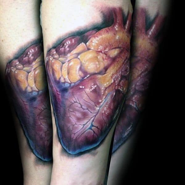 Hyper-realistic tattoo of a human heart on the forearm, featuring vivid textures, veins, and fatty tissue in red, yellow, and purple tones.