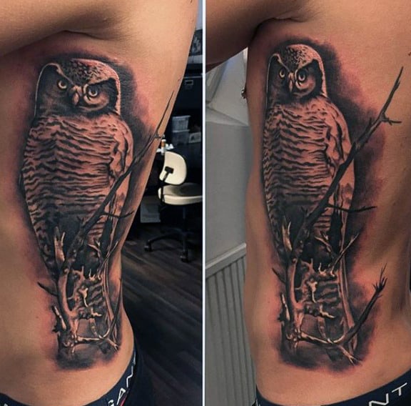 Realistic owl perched on a branch tattoo on side torso