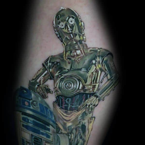 Highly detailed C-3PO and R2-D2 tattoo with realistic shading and metallic effects, capturing their classic Star Wars duo dynamic.