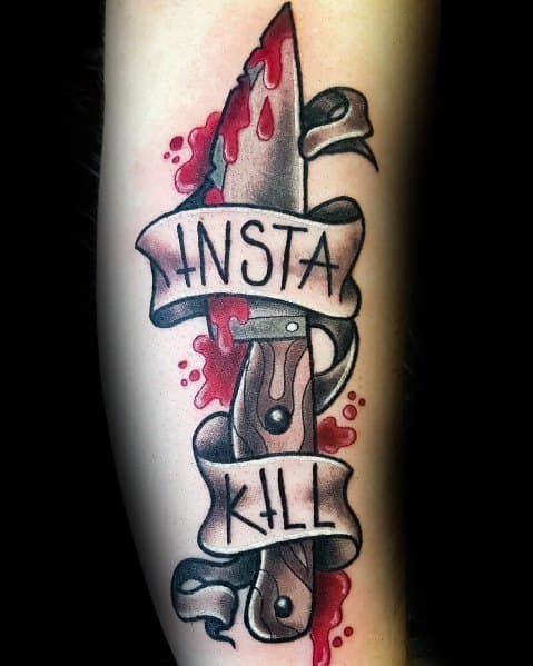 Bold Call of Duty Insta-Kill tattoo featuring a bloodied knife with a banner wrapped around it, showcasing a classic zombies power-up design.