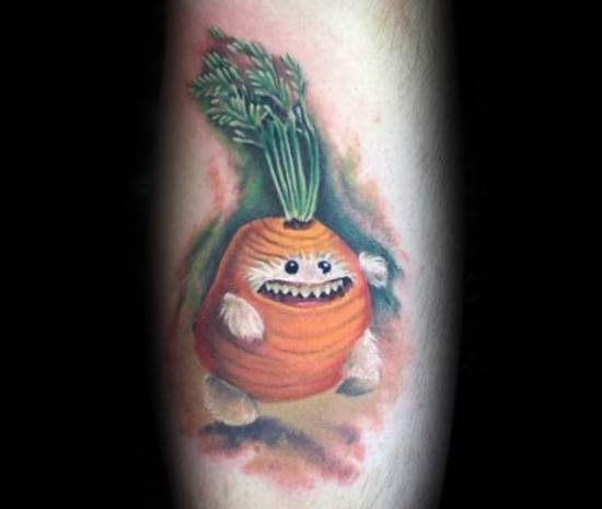 Playful and colorful tattoo of a round, animated carrot creature with sharp teeth, expressive eyes, and leafy greens for a fun and whimsical design.