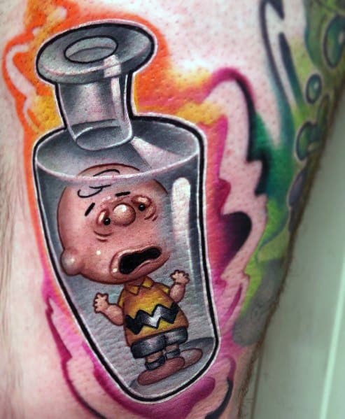 Vibrant and surreal Charlie Brown tattoo featuring him trapped inside a glass vial with a distressed expression, surrounded by colorful swirls.