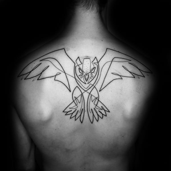 Geometric continuous line tattoo of a symmetrical eagle on the back, featuring bold black ink with sharp angles for a powerful and striking design.