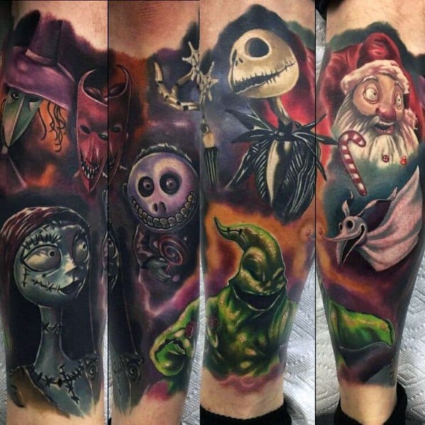 Christmas tattoo sleeve featuring characters from *The Nightmare Before Christmas*, including Jack Skellington, Sally, Oogie Boogie, and a twisted Santa Claus.