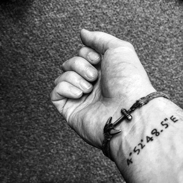Minimalist coordinate tattoo on the wrist with fine black lettering, marking a significant location with a subtle and elegant design.