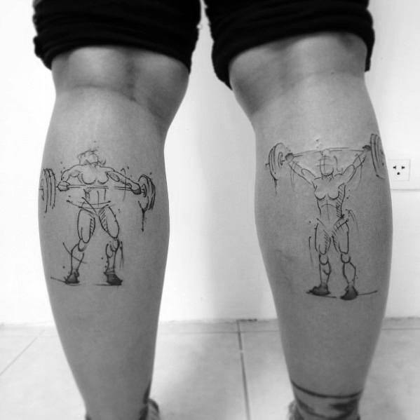Sketch-style weightlifting tattoos on both calves, depicting athletes performing Olympic lifts, symbolizing strength, discipline, and dedication to CrossFit.