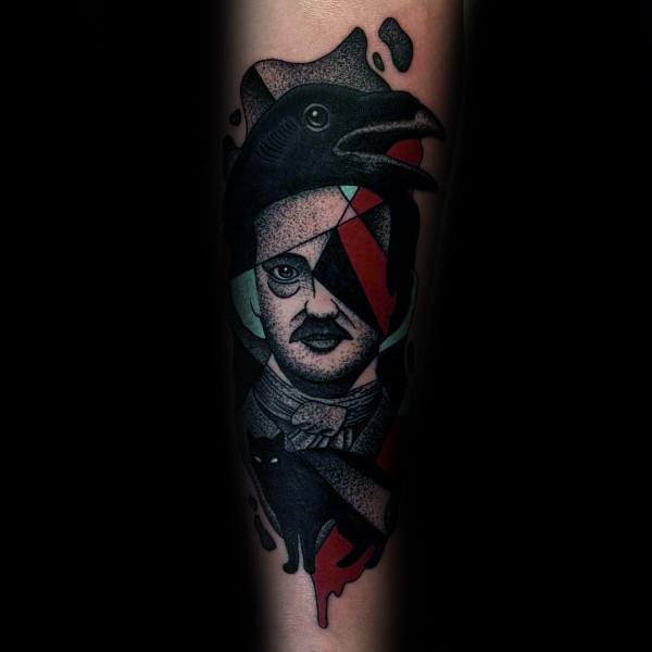 Stylized Edgar Allan Poe tattoo with geometric shapes, a black cat, a raven, and bold red and teal accents in a surreal composition.