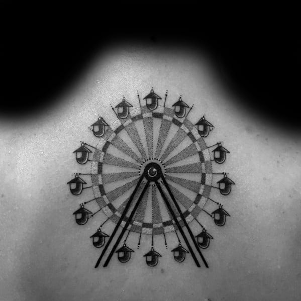 Minimalist Ferris wheel tattoo on the upper back, featuring fine dot work shading, a crescent moon at the center, and symmetrical gondolas for a balanced design.