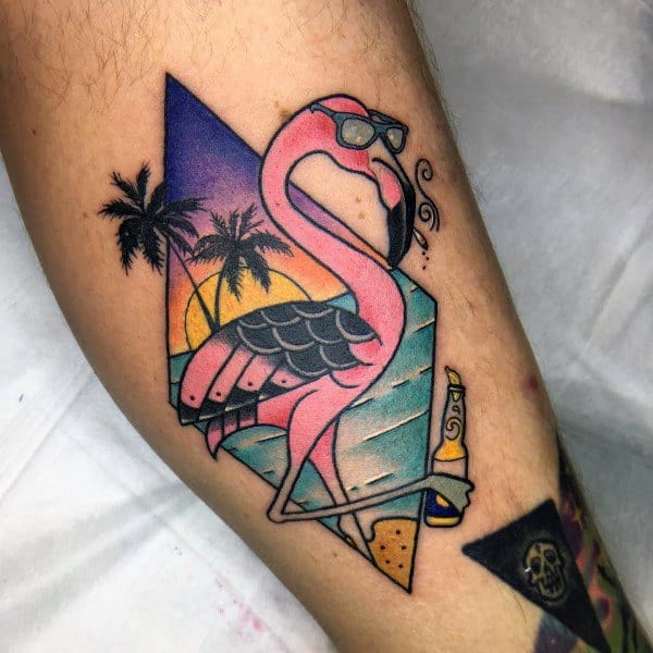 Playful flamingo tattoo with sunglasses, a beach scene, palm trees, and a sunset, creating a fun and vibrant tropical vacation vibe.