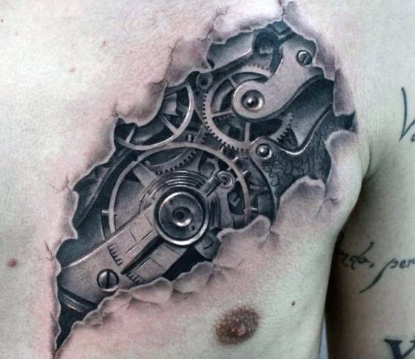Tattoo of exposed mechanical gears on a person's chest, creating a ripped skin effect