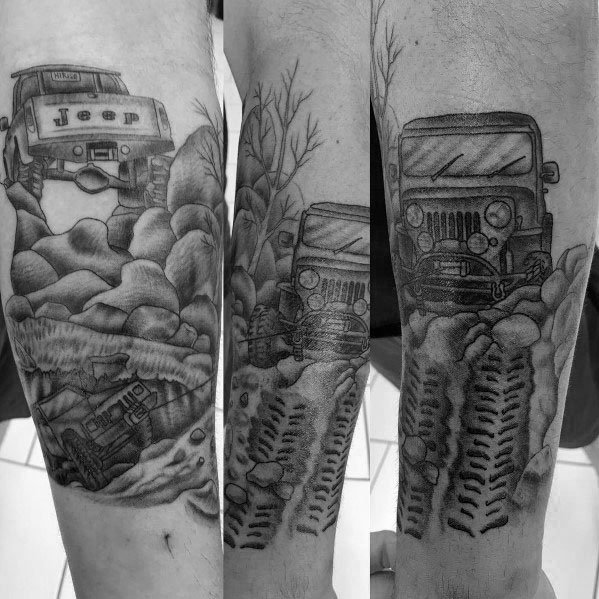 Realistic black and grey tattoo of a Jeep navigating rough terrain, featuring detailed rocks, tire tracks, and shading for a rugged off-road adventure look.