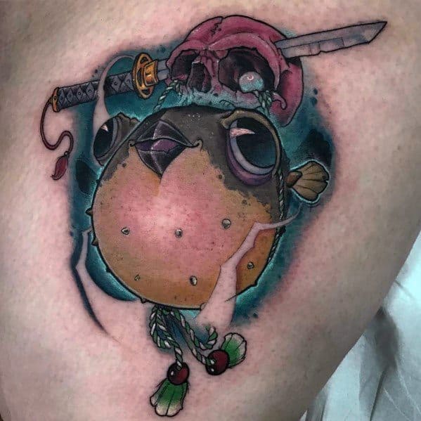 Unique pufferfish tattoo with a samurai skull, sword, and intricate shading, blending Japanese and fantasy elements for a bold design.