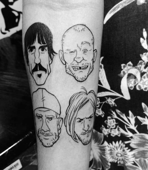 Forearm tattoo featuring black ink caricature-style portraits of the Red Hot Chili Peppers band members, creating a fun and unique tribute design.