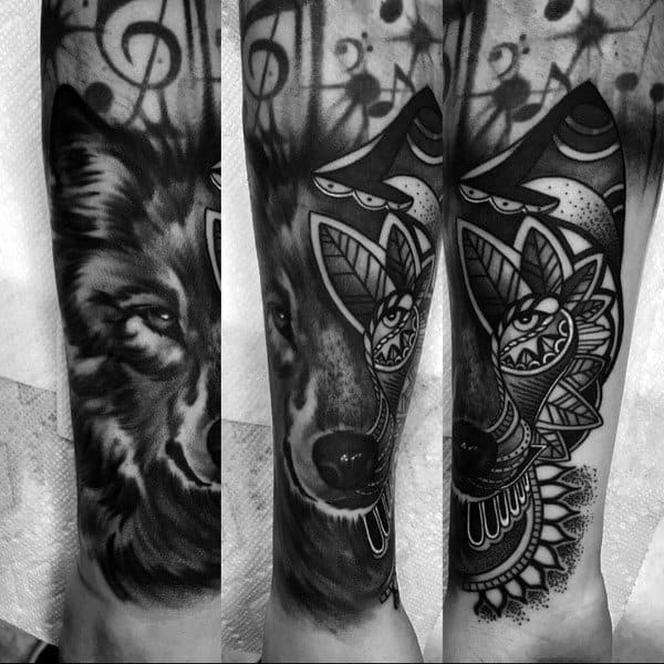 Black and gray Siberian Husky tattoo on a man's forearm, featuring a half-realistic, half-mandala design with musical notes for a creative and artistic look.