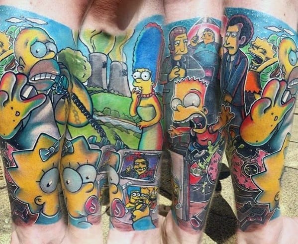 Vibrant full-leg tattoo featuring The Simpsons in a dramatic scene with Homer, Marge, Bart, Maggie, and characters from Pulp Fiction.
