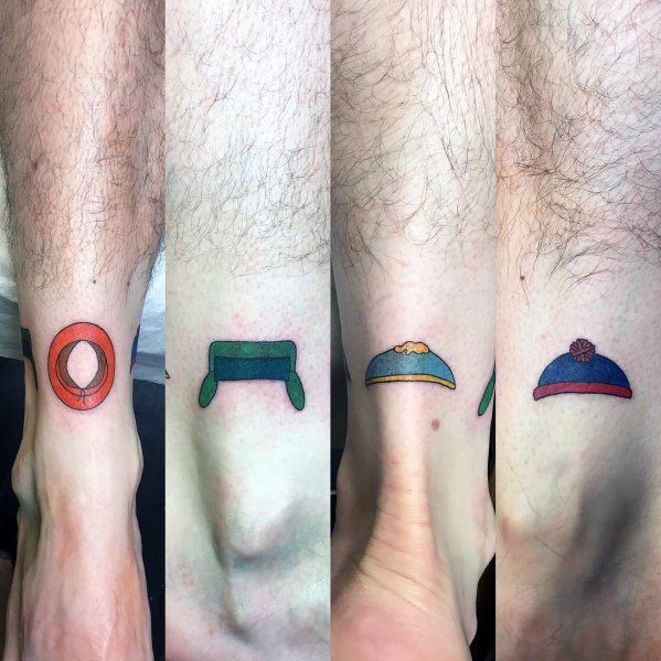 Minimalist South Park tattoos featuring the iconic hats of Kenny, Kyle, Cartman, and Stan, each with simple bold colors and clean lines.
