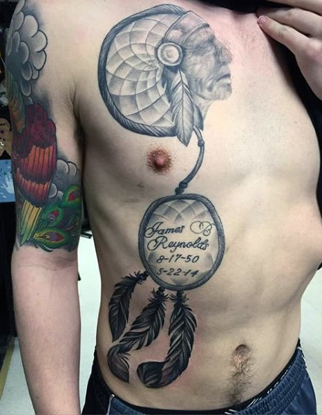 Tattoo Dreamcatcher On Man Chest With Indian Head