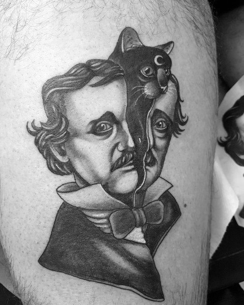 Black and grey tattoo of Edgar Allan Poe with a surreal twist, where half of his face blends into a black cat with a crescent moon.