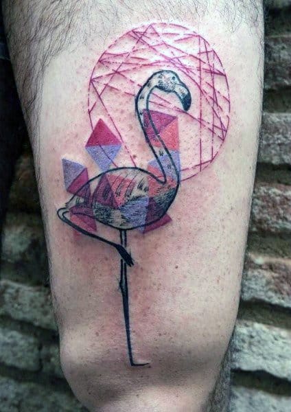Abstract geometric flamingo tattoo with intricate linework, shaded polygons, and a textured circular background for a modern artistic look.