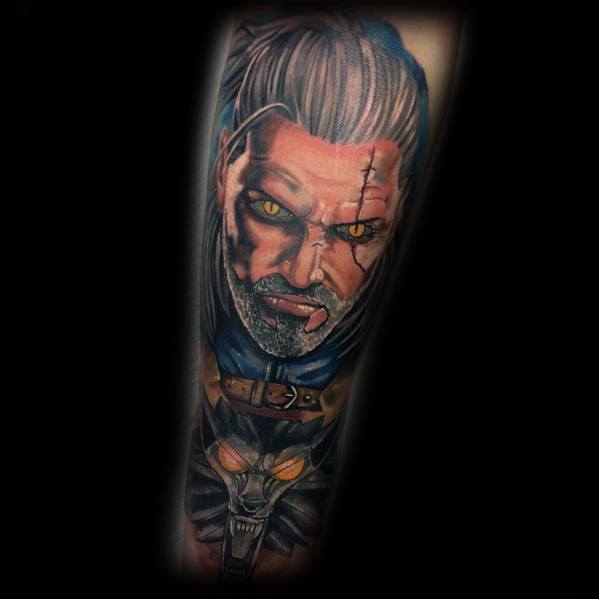 Geralt tattoo with intense yellow eyes, deep battle scars, and silver hair, featuring a fierce wolf medallion glowing in dark tones below.