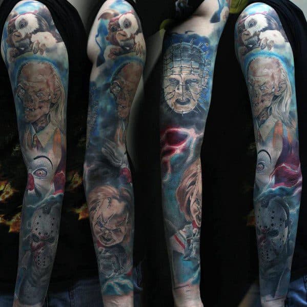 Full-sleeve horror tattoo featuring Pinhead, Chucky, Jason, and other eerie characters, with dark shading and vibrant details for a chilling effect.