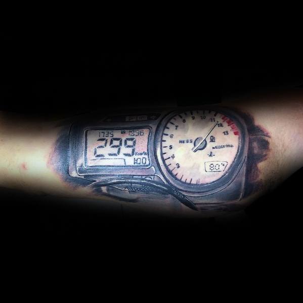 Realistic Honda motorcycle speedometer tattoo on a man's arm, featuring detailed shading and a digital display showing 299 km/h for a high-speed effect.