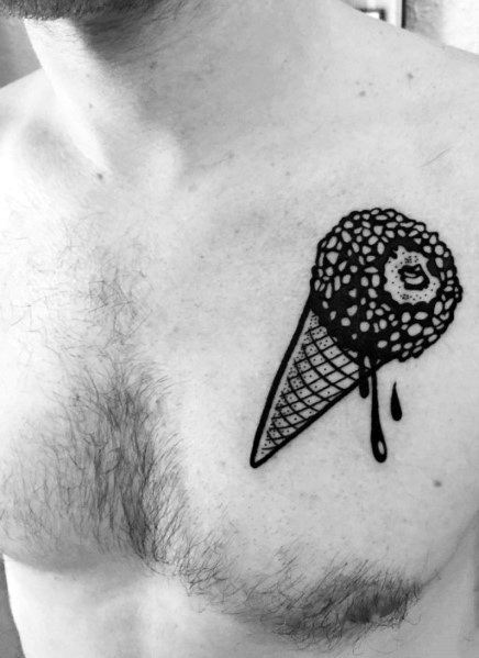 Black ink tattoo of an ice cream cone with a lace-like scoop, featuring intricate patterns and dripping details for a unique and artistic design.