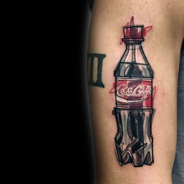 Sketch-style Coca-Cola bottle tattoo with bold outlines, red highlights, and a dynamic, hand-drawn effect for a unique and artistic design.
