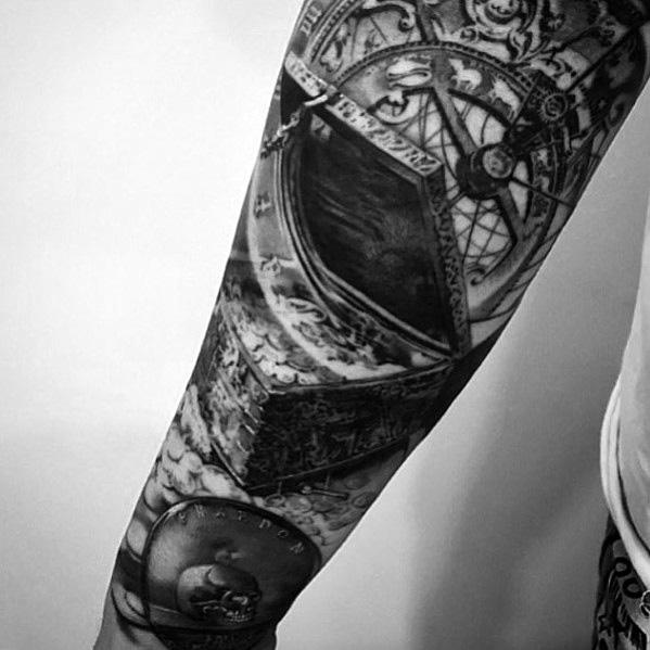 Intricate full-sleeve tattoo featuring a mix of antique coins, clocks, and mechanical details, creating a detailed and timeless design.
