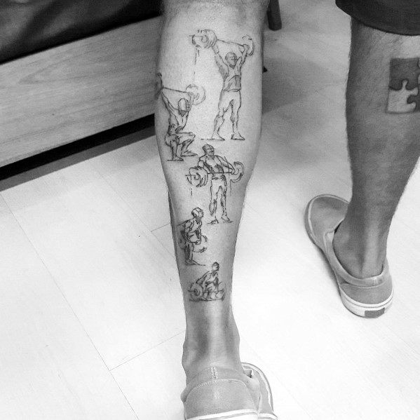 Detailed CrossFit-inspired leg tattoo depicting various workout movements, including weightlifting, squats, and rowing, symbolizing strength and dedication.