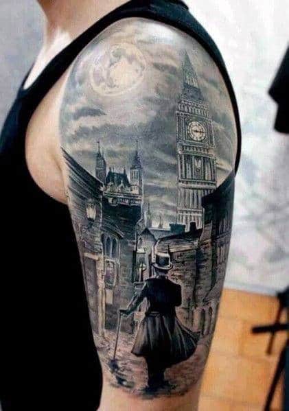 Detailed tattoo of a Victorian man in a dark cityscape with Big Ben in the background