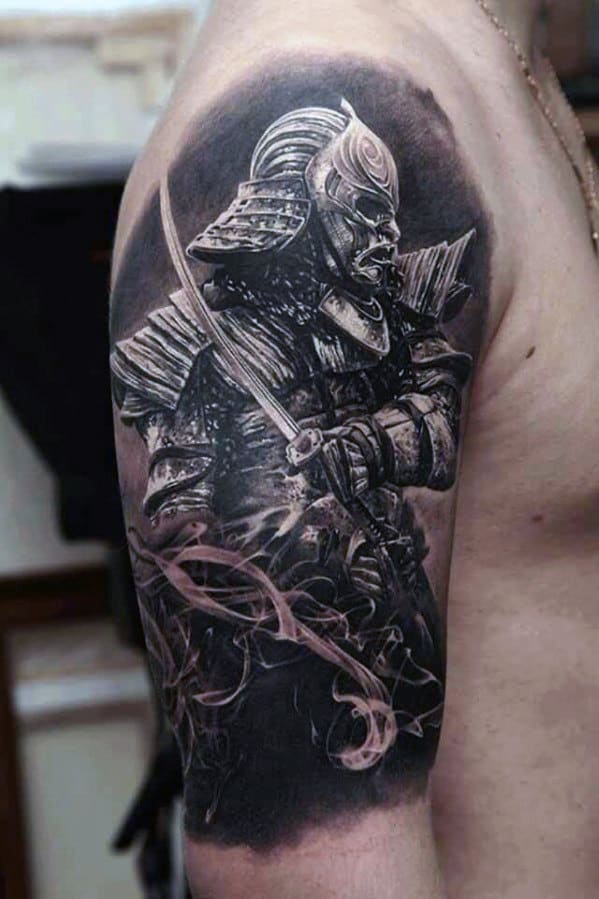 Tattoo of a samurai in armor, holding a sword, on a person's upper arm