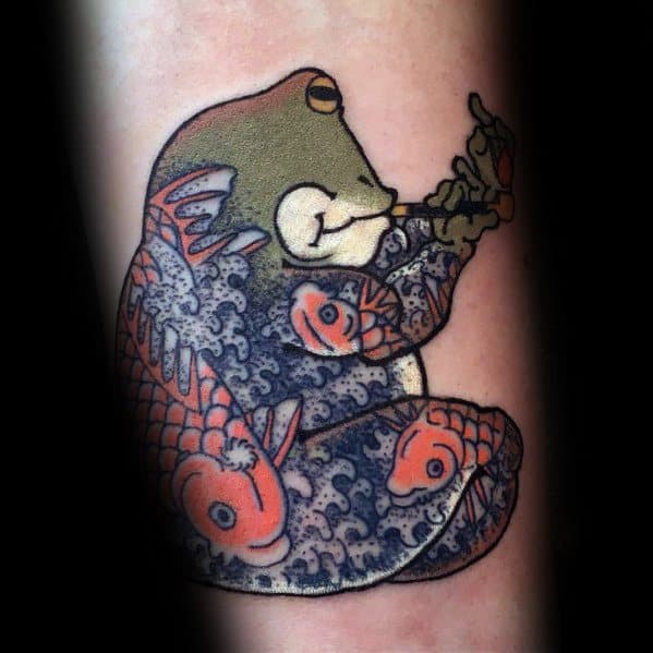 Japanese-style tattoo featuring a serene frog covered in koi fish and wave patterns, smoking a pipe, symbolizing tranquility, wisdom, and transformation.