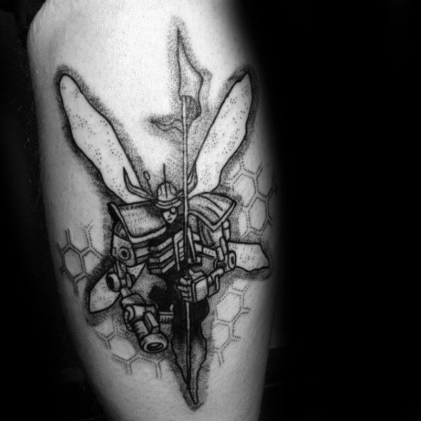 Black and gray tattoo of Linkin Park's Hybrid Theory soldier, featuring intricate mechanical details and a honeycomb pattern background.