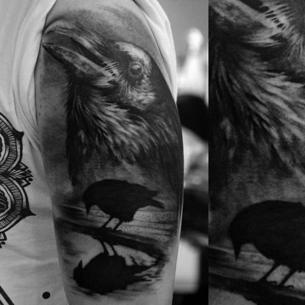 Tattoo of a raven with its reflection in water, featuring a detailed close-up and a symbolic, dark aesthetic with intricate shading.