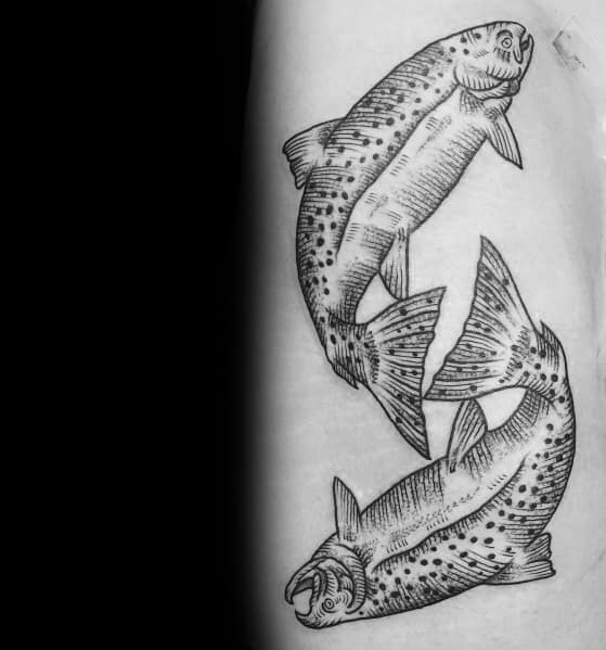 Black and grey tattoo of two detailed salmon swimming in a circular motion, featuring fine linework and dot shading for a balanced and dynamic design.