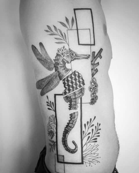 Abstract seahorse tattoo on ribs, featuring geometric shapes, botanical elements, and a fusion of realism with surreal details for a unique artistic design.
