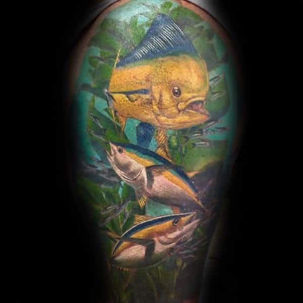 Hyper-realistic ocean-themed tattoo sleeve featuring a mahi-mahi and tuna fish swimming among seaweed, with vibrant colors and intricate details.