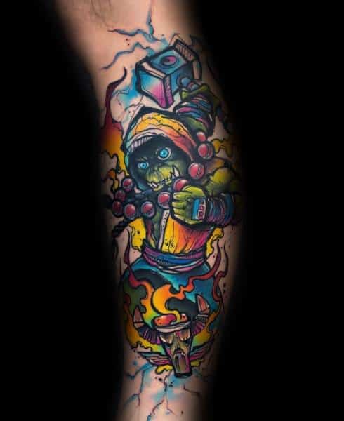 Vibrant tattoo of a shaman orc from World of Warcraft, featuring glowing energy, mystical beads, and a powerful stance, inked with bold colors and lightning effects.