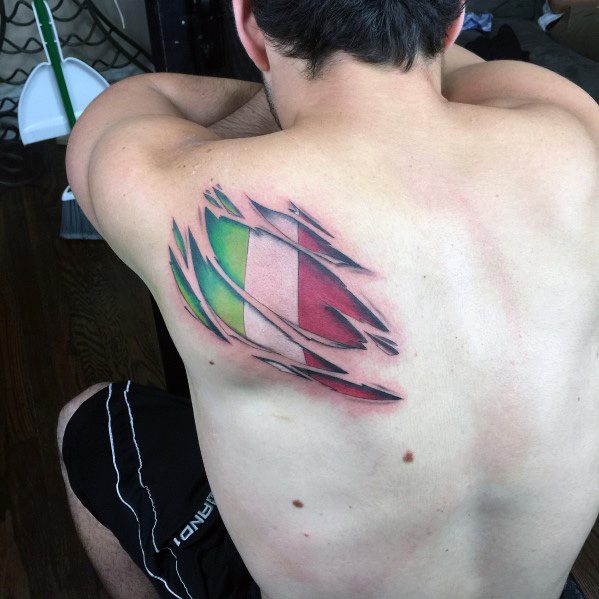 Back tattoo with a torn skin effect revealing the Italian flag underneath, symbolizing deep-rooted pride, strength, and cultural heritage.