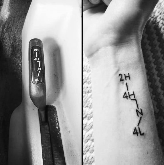 Minimalist black ink tattoo of a Jeep 4WD shift pattern, featuring "2H, 4H, N, 4L," symbolizing off-road capability and adventure.