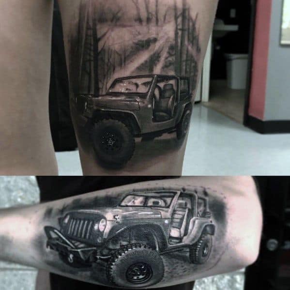 Realistic black and grey tattoo of an off-road Jeep in rugged terrain, featuring detailed shading, forest elements, and a dynamic adventure theme.