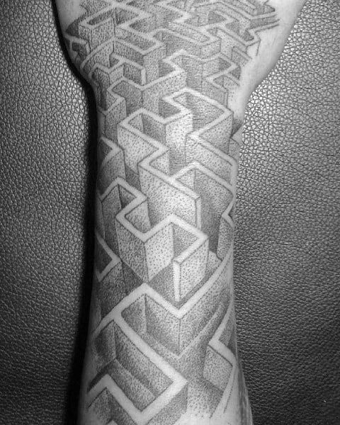 Intricate 3D labyrinth tattoo on a man's forearm, featuring an optical illusion of interlocking pathways with dot shading for depth and dimension.