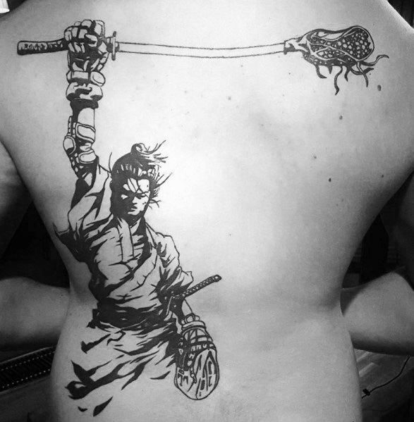 Bold black ink samurai-themed lacrosse tattoo featuring a warrior gripping a stick like a katana, blending martial arts and lacrosse symbolism.