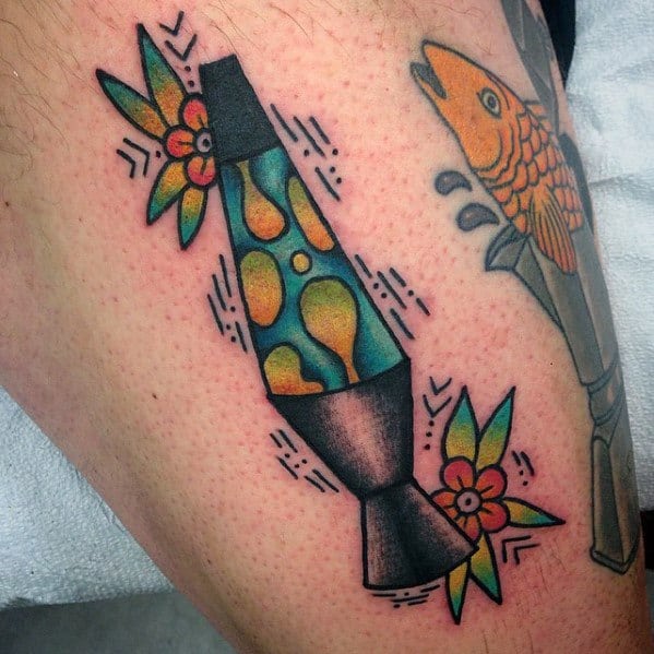 Vibrant lava lamp tattoo with teal and yellow wax, accented by flowers, ideal for men's playful tattoo designs.