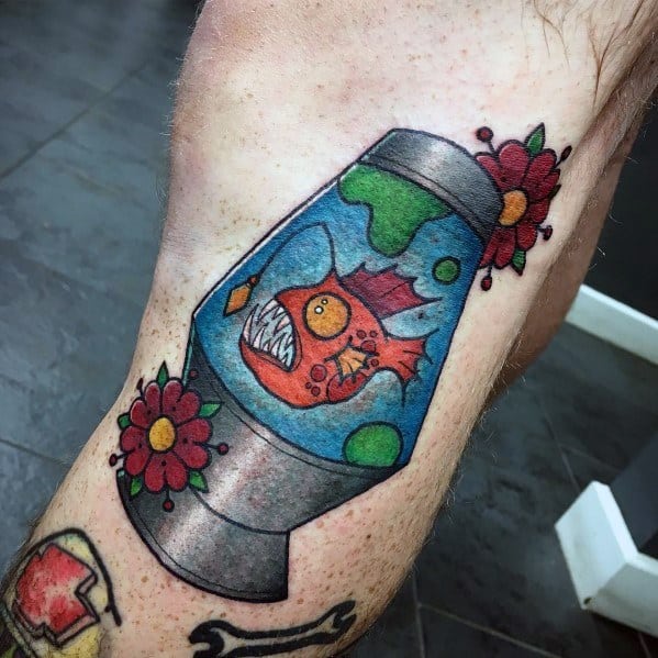 Whimsical lava lamp tattoo featuring a colorful, fierce fish inside, accented with floral details, ideal for men's bold tattoo ideas.